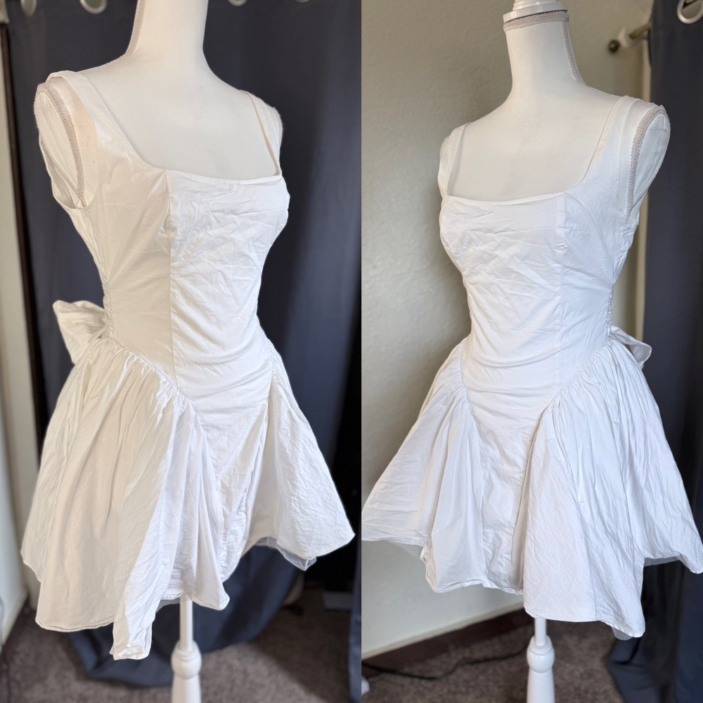 Windsor White Open Back Bow Mini Dress Square Neck Puff Skirt  Small - Picture 4 of 9